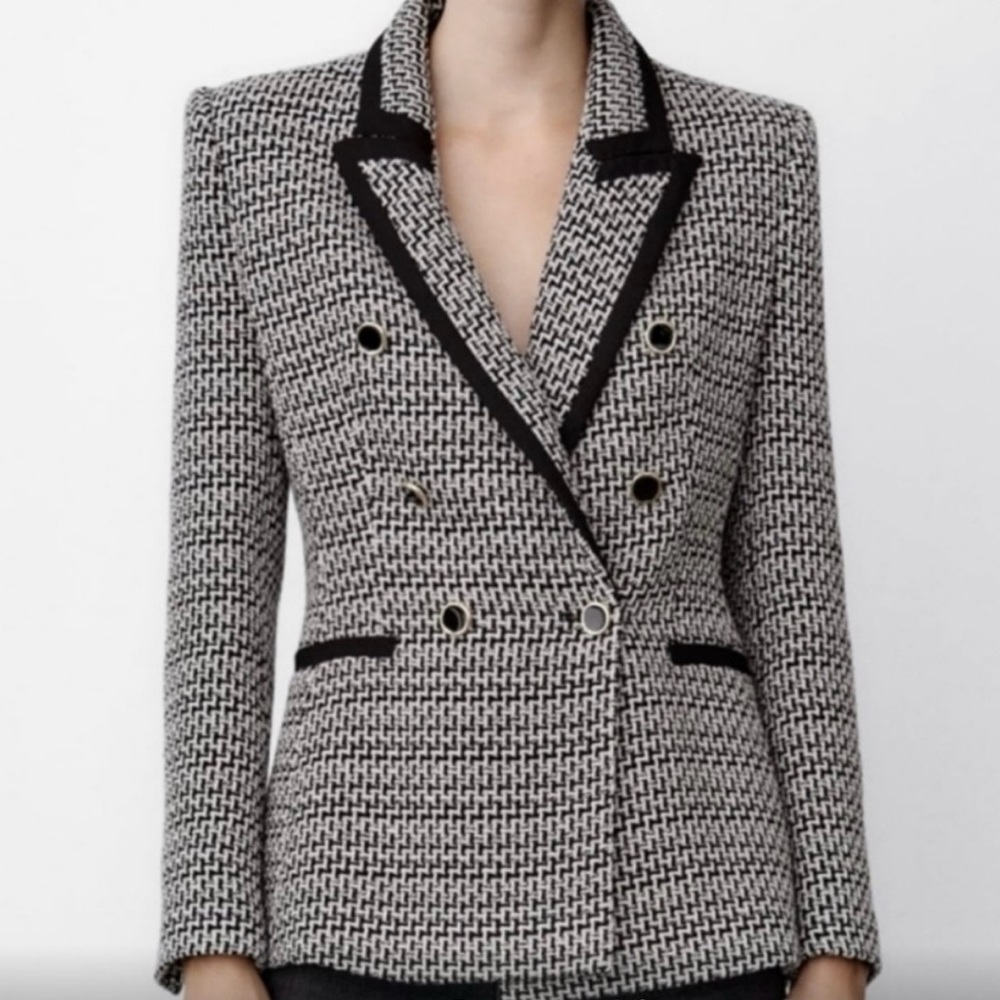 Zara Double-Breasted Textured Tweed Blazer L - Black and White